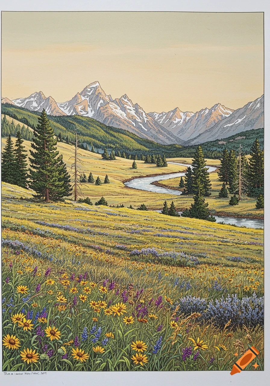 A vibrant drawing of a mountain valley, with a winding river, pine forests, and a meadow full of yellow and purple wildflowers.