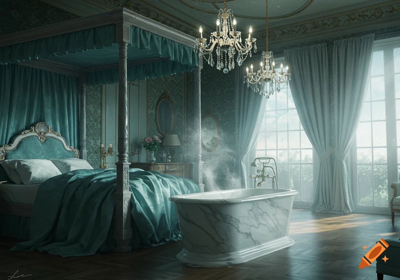 A luxurious bedroom with a teal four-poster canopy bed, a marble bathtub, and large windows filling the room with light.