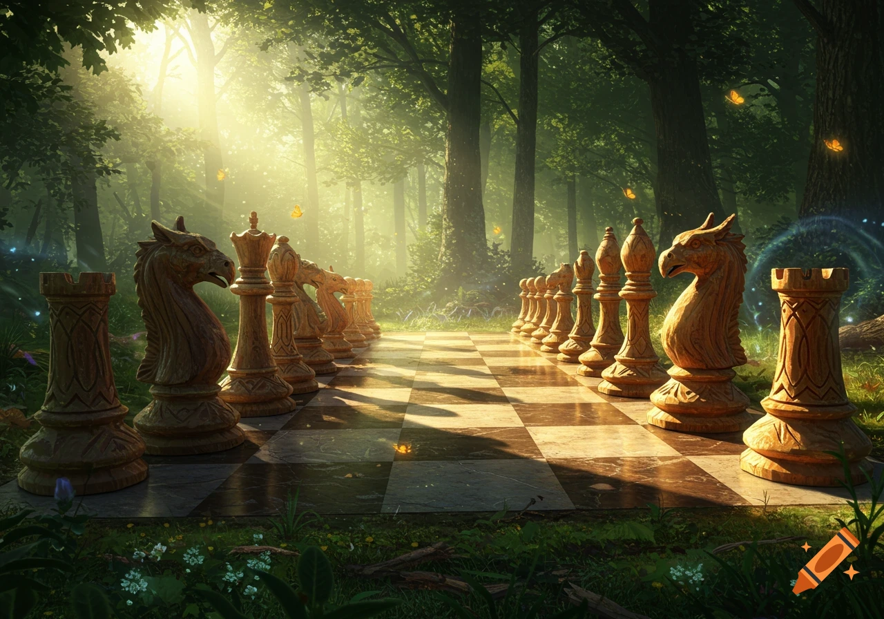 Large wooden chess pieces on a chessboard in an enchanted forest with sunbeams.