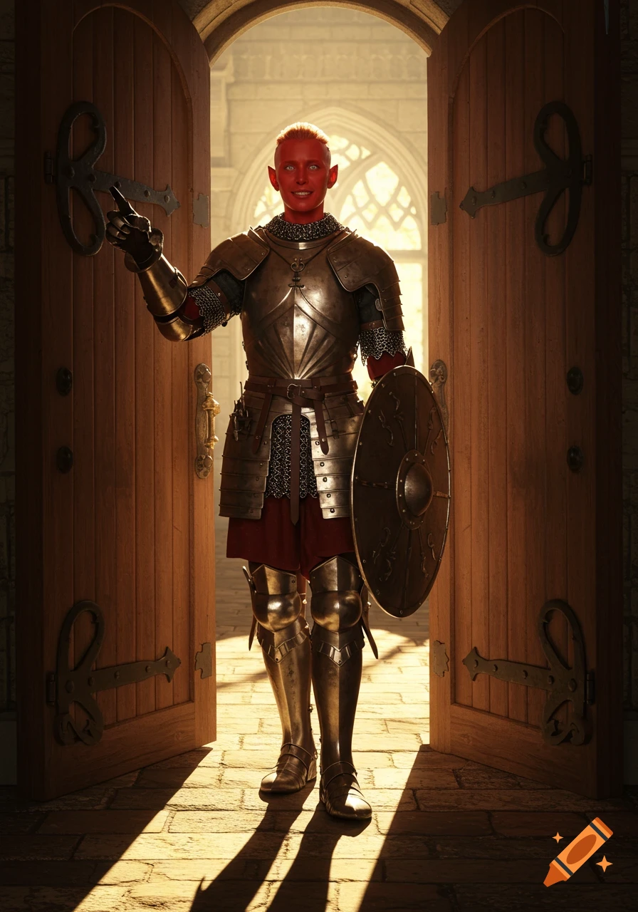 A red-skinned person in full armor with a shield stands in a sunlit castle doorway, pointing as if welcoming.