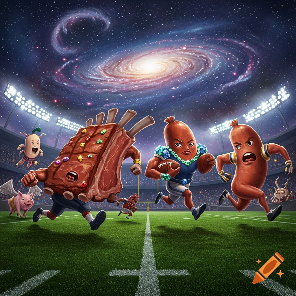 Cartoon ribs and sausages playing fantasy football on a field under a galaxy sky, with other food creatures in a vibrant style.