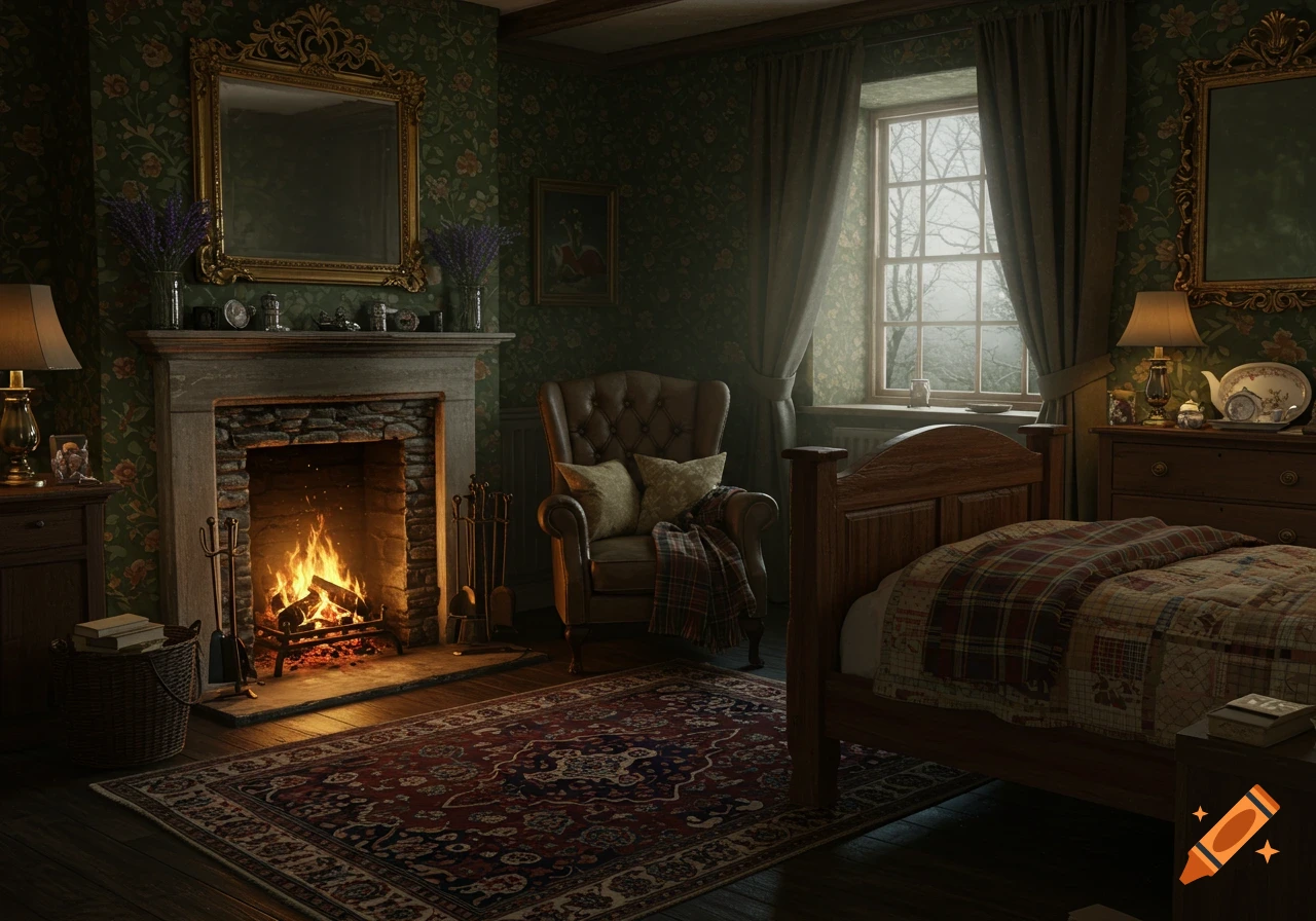 Cozy, moody English cottage-inspired bedroom with a lit stone fireplace, a wooden bed with a quilt, and dark floral wallpaper.
