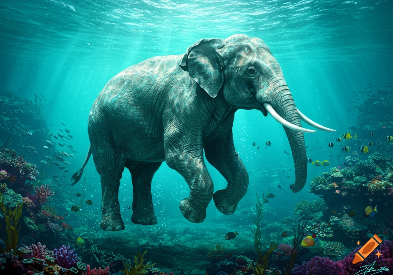 A majestic elephant swims gracefully through clear blue ocean water, surrounded by colorful coral reefs and schools of fish.