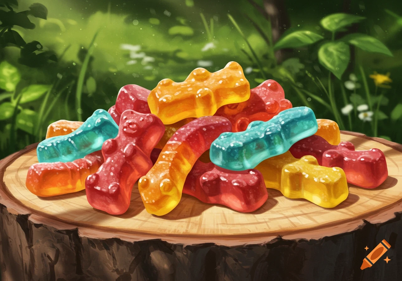 A vibrant pile of multicolored gummy bears and worms on a wooden tree stump in a lush green forest, illustrated.