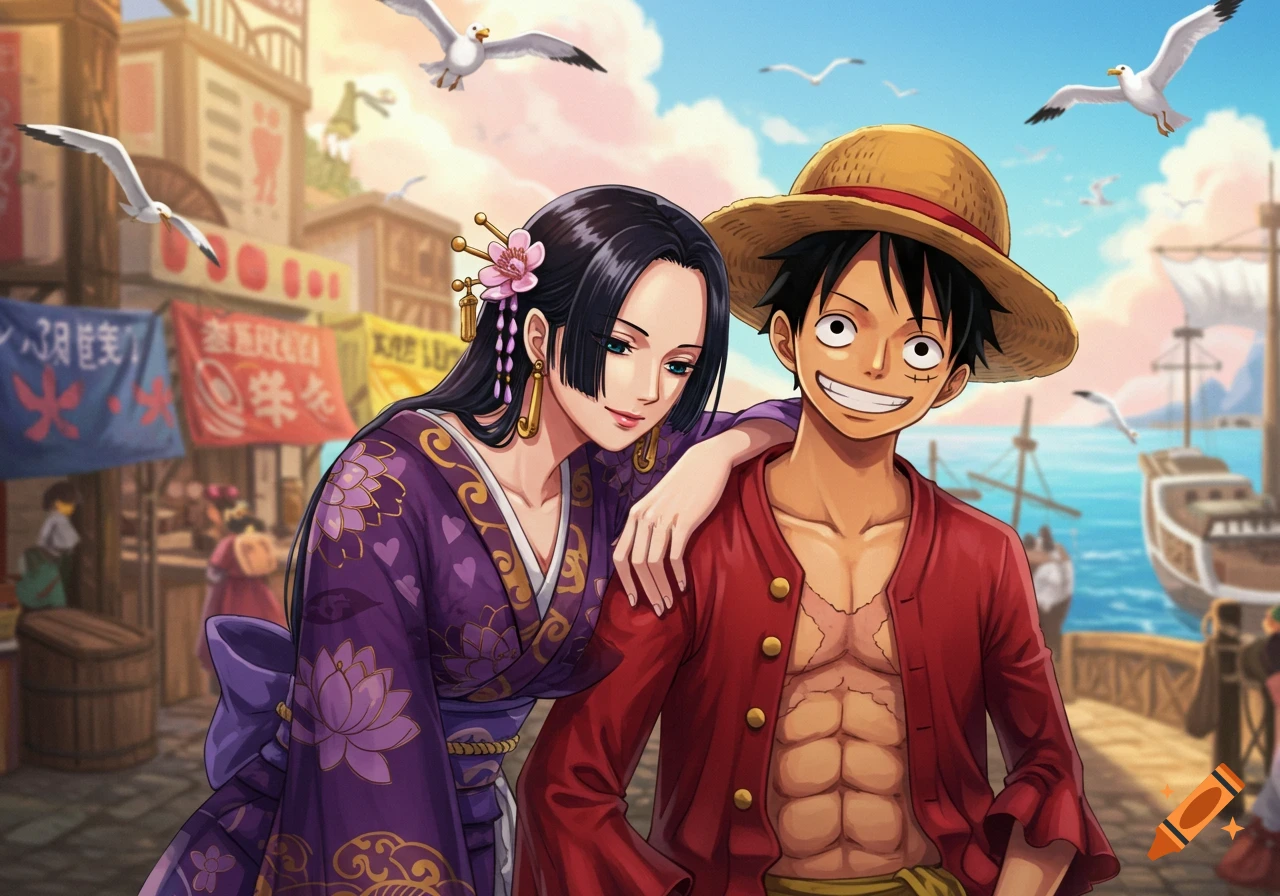 Boa Hancock leans on Monkey D. Luffy's shoulder in a vibrant anime port town, with seagulls flying above.