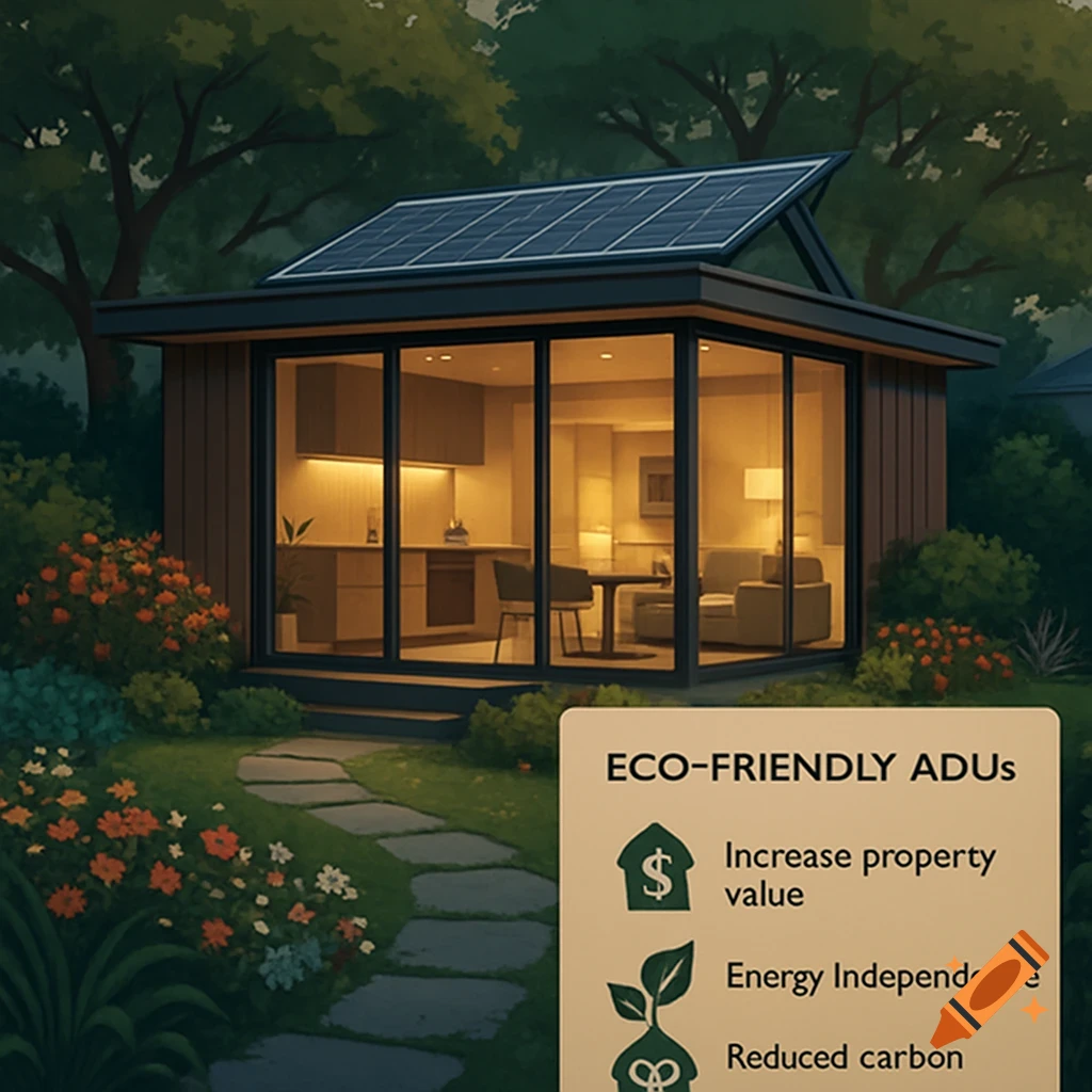 A modern eco-friendly accessory dwelling unit with solar panels, glass walls, and a garden path, with text about its benefits.