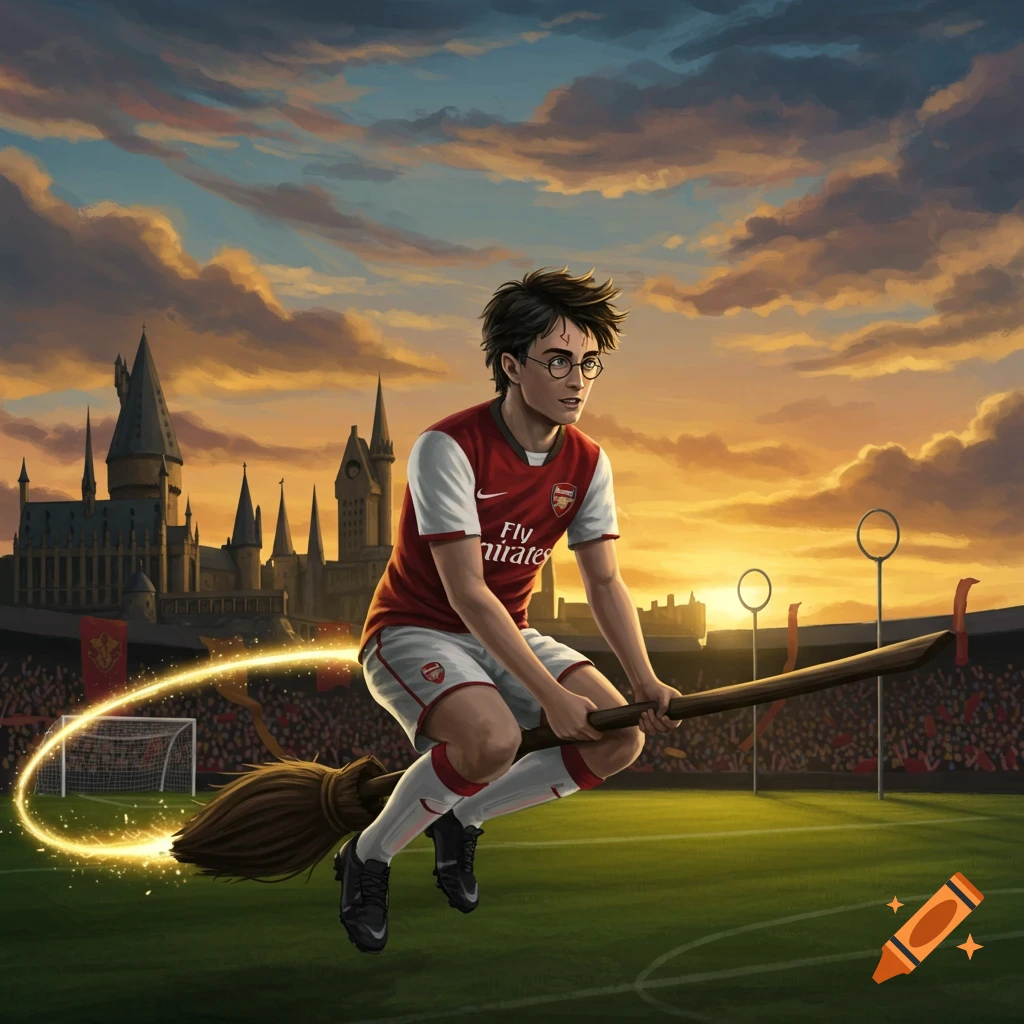 Harry Potter in an Arsenal jersey flies a broomstick over a stadium with Hogwarts, golden light trailing, at sunset. Digital illustration.