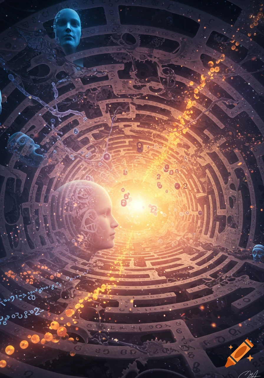 A surreal digital painting shows a stylized human head in profile, gazing into a glowing light tunnel within a complex circular maze adorned with abstract symbols and floating figures.