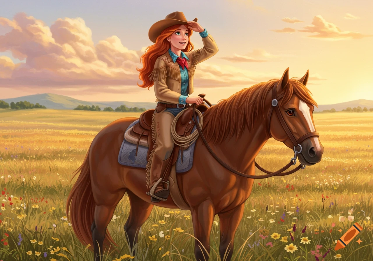 A smiling, red-haired cowgirl on a brown horse shields her eyes from the golden sunset in a field, in a Disney-style animation.