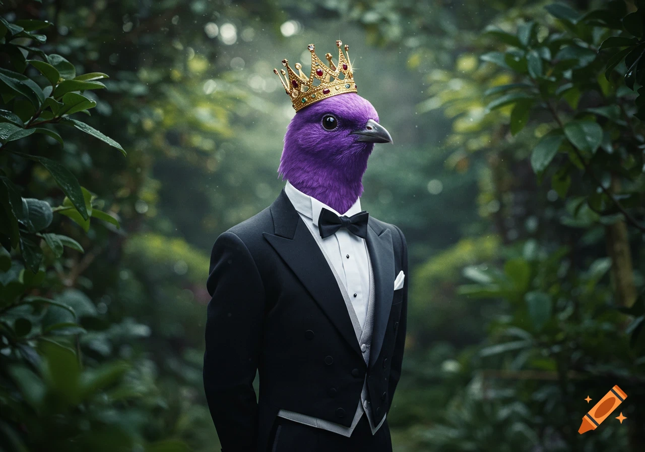 A regal purple bird wearing a gold crown and a black tuxedo stands in a lush green forest.