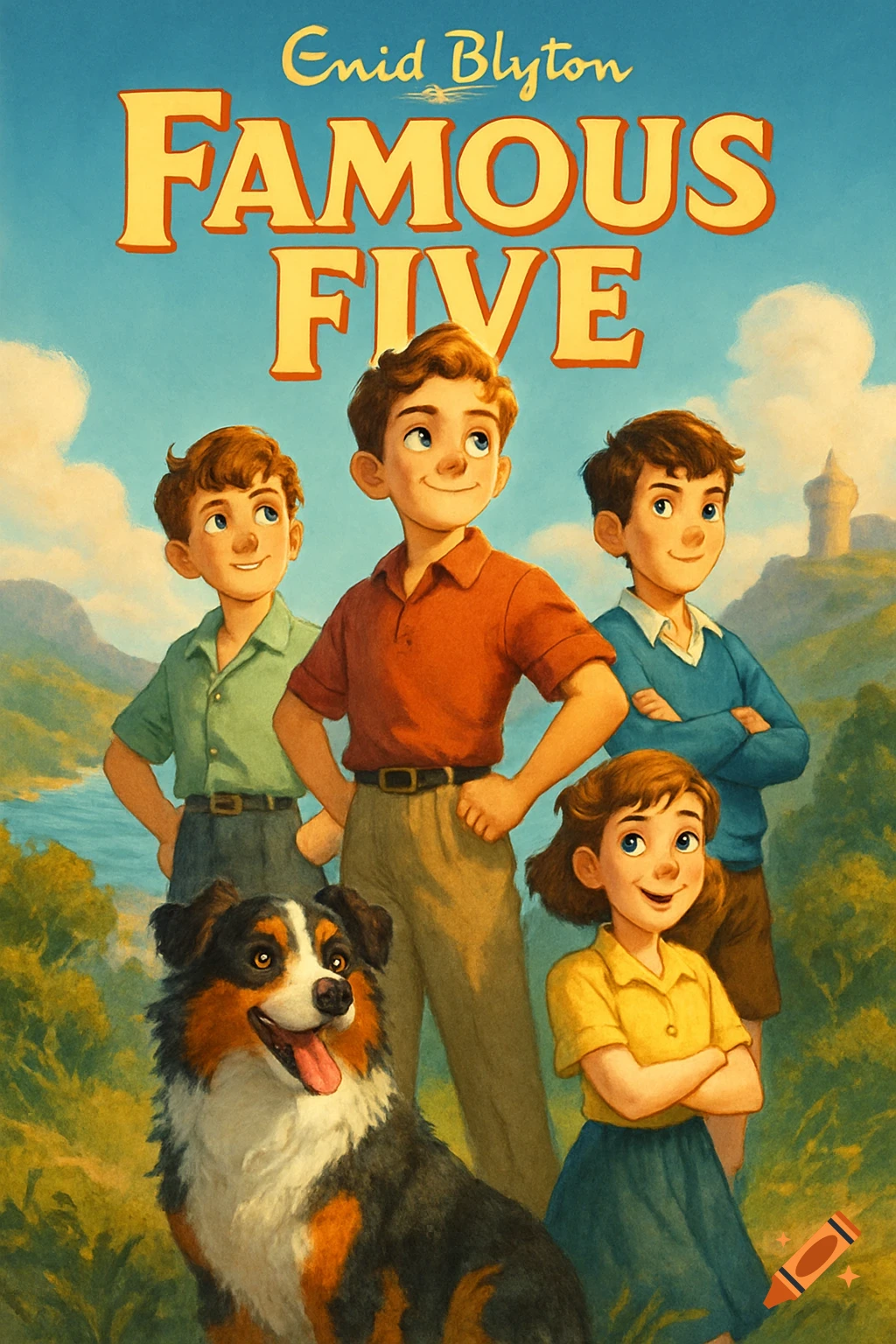 Disney-Pixar style illustration of four children and an Australian Shepherd dog in a sunny landscape. Text: 'Enid Blyton FAMOUS FIVE'.