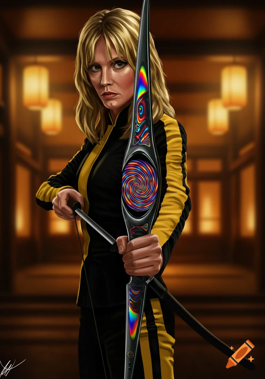 Blonde woman in a yellow and black suit holding a bow with a colorful hypnotic pattern, illustration.