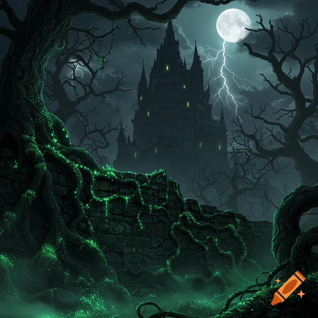 A dark gothic castle with glowing green windows under a full moon and lightning, surrounded by gnarled trees and glowing green roots over a stone wall.