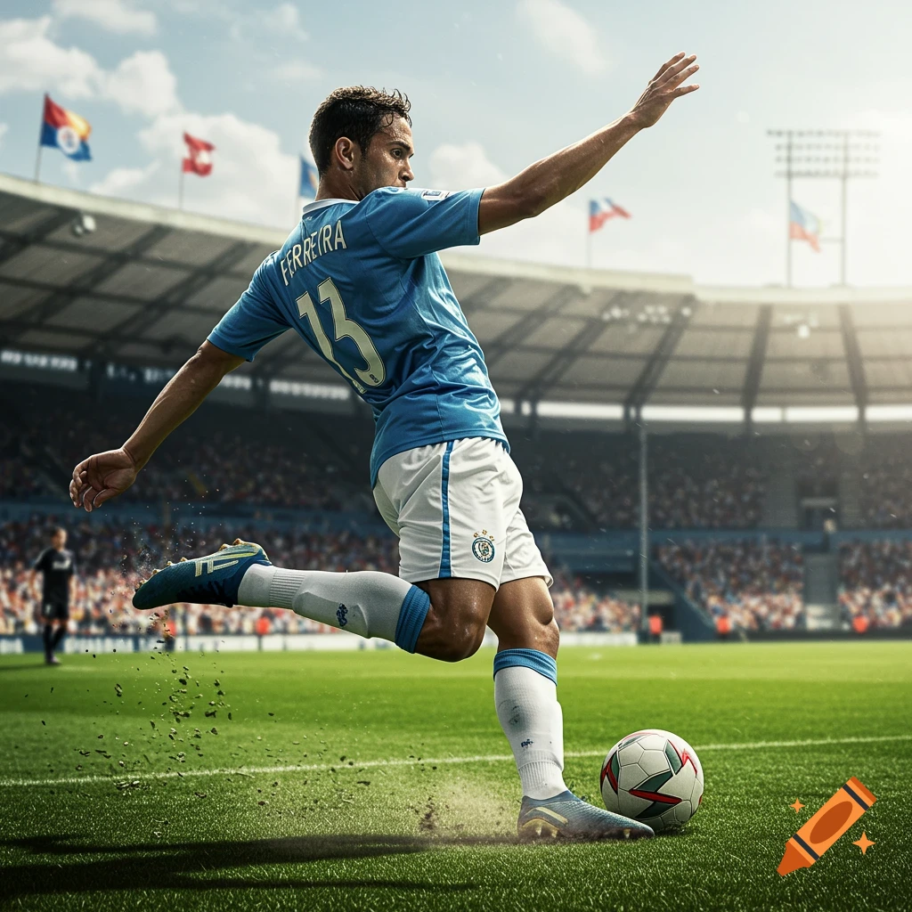 A photorealistic image of a male soccer player in a light blue jersey kicking a ball on a green field in a sunny stadium.