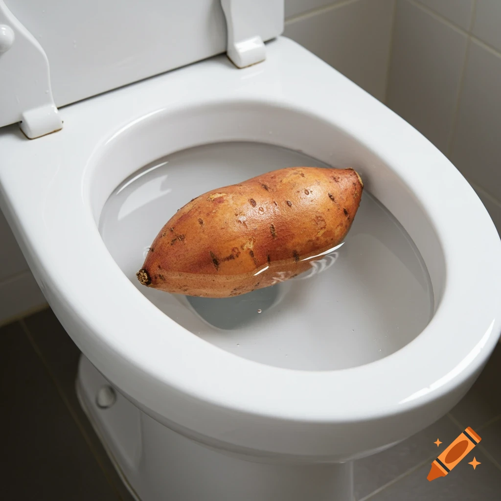 A large sweet potato floats in the water of a white toilet bowl, photorealistic.