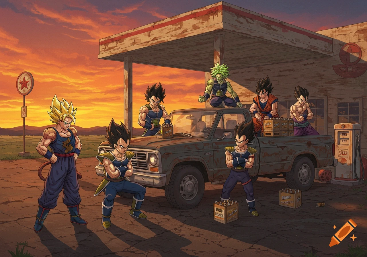 Dragon Ball Z characters Goku, Vegeta, Bardock, Raditz, and Broly gather around a pickup truck filled with beer cases at a gas station during sunset, anime style.