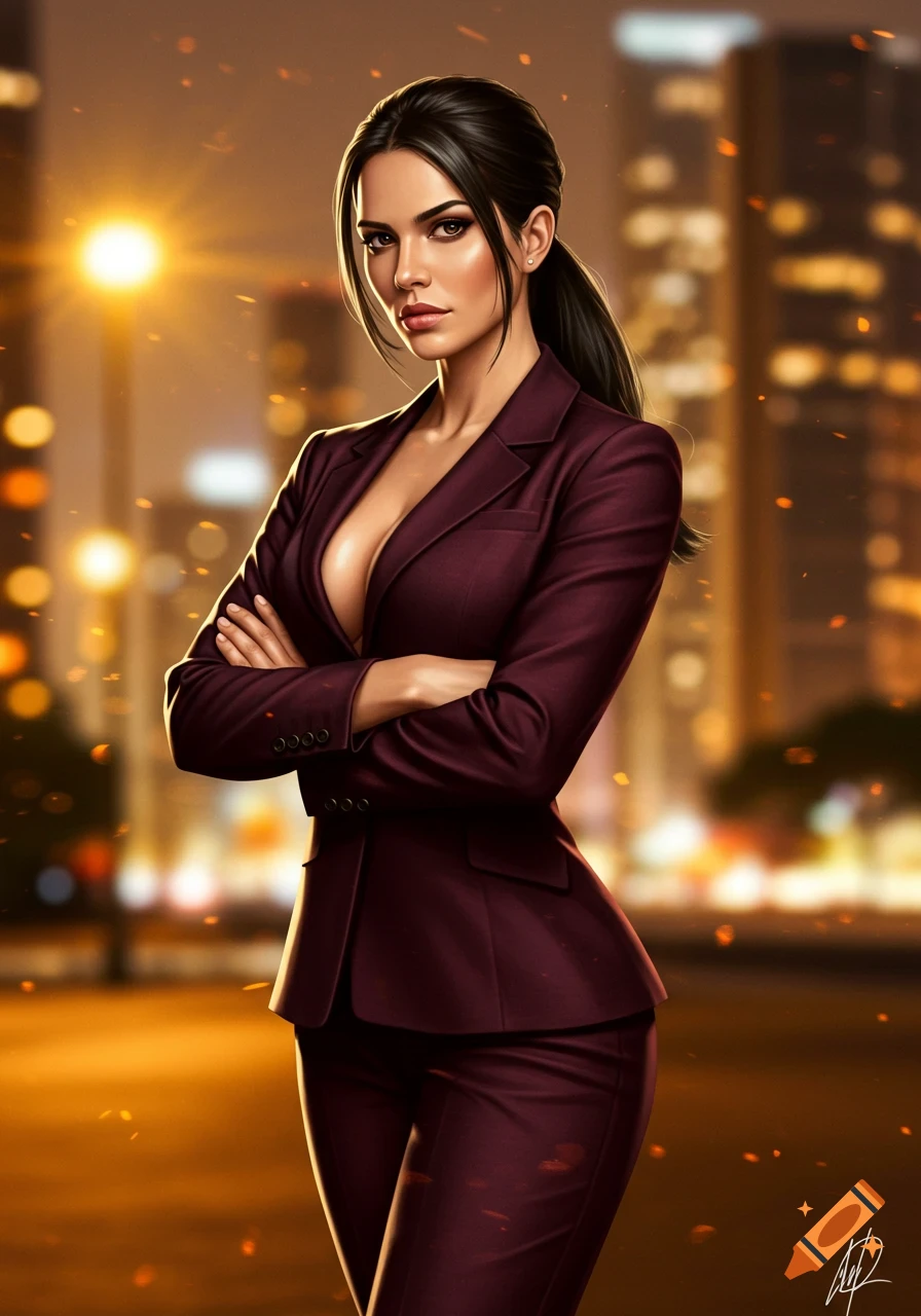 Confident woman with dark hair in ponytail in maroon business suit, arms crossed, blurred city lights background. Digital art.
