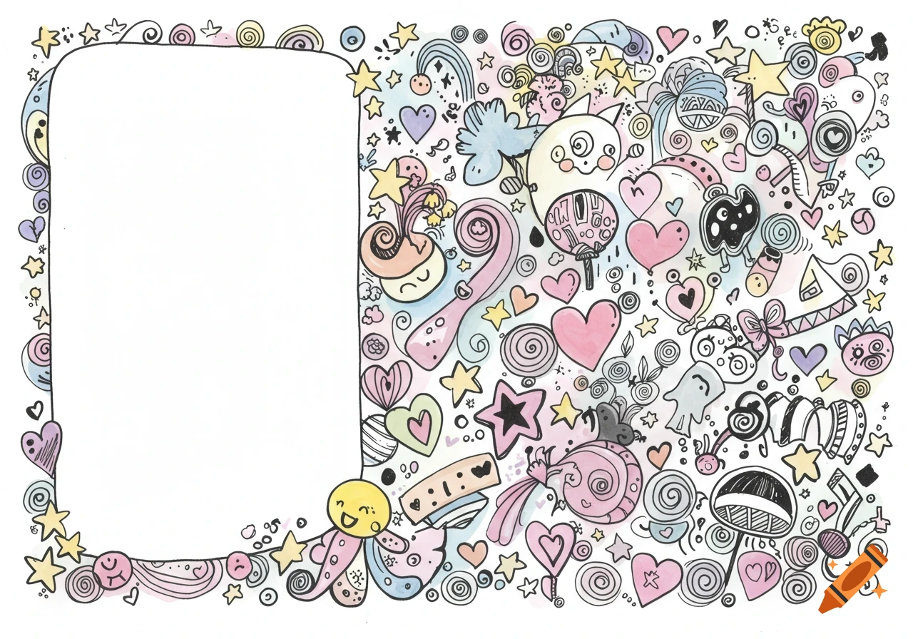 Whimsical doodle frame with a blank center, filled with colorful stars, hearts, swirls, and cute abstract shapes.