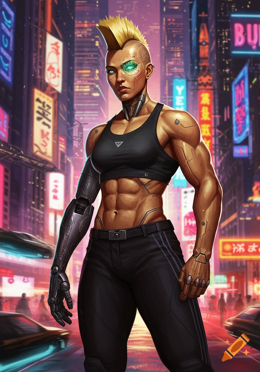 Muscular woman with a golden mohawk, cybernetic left arm and eye, in a neon-lit cyberpunk city, digital art style.
