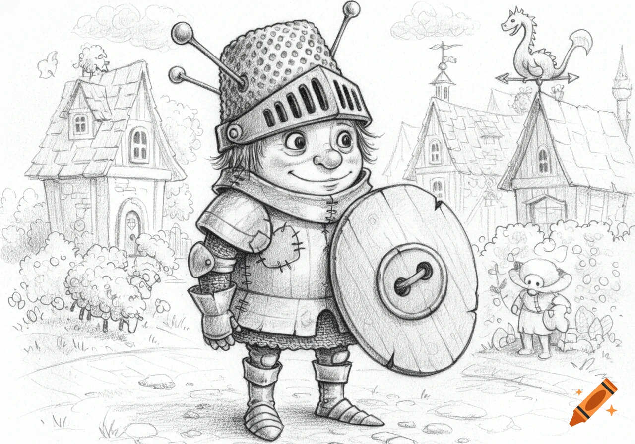 Pencil sketch of a goofy knight with a thimble helmet and button shield standing in a whimsical village.