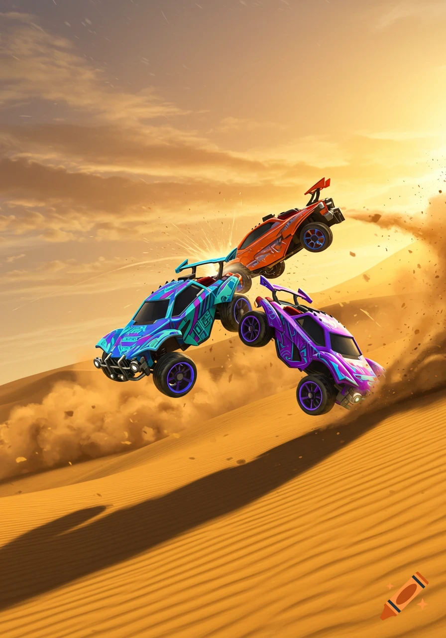 Three stylized Rocket League cars, blue, orange, and purple, jump and ram each other in a sunny desert dune landscape.