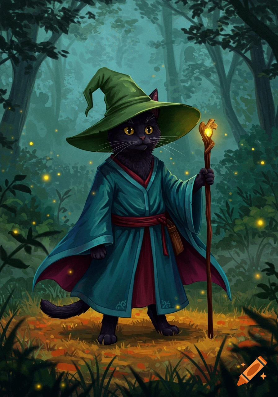 A black cat dressed as a wizard, wearing a green hat and blue robes, holding a glowing staff in a magical forest. Anime style.