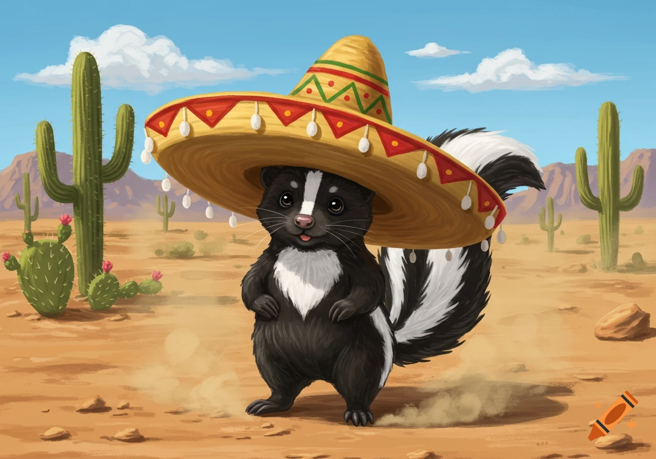 A cute cartoon skunk wearing a large sombrero stands in a sunny desert with cacti and mountains.