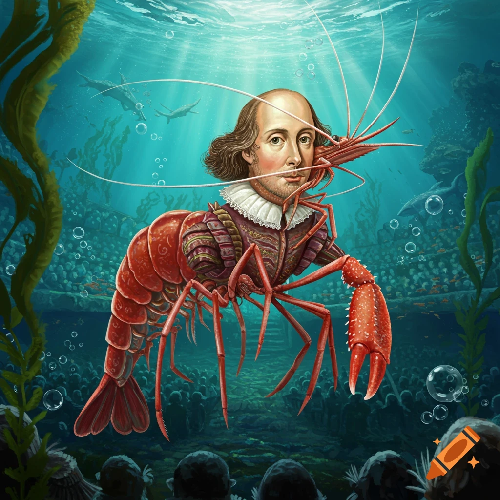 William Shakespeare's head and upper torso in Elizabethan attire on a large red shrimp body, underwater, with an audience.