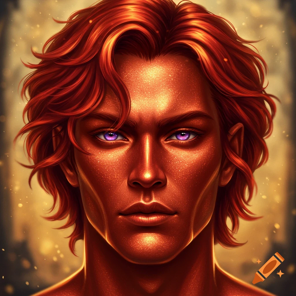 A digital art portrait of a man with fiery red hair, sparkling copper skin, and purple eyes against a golden background.