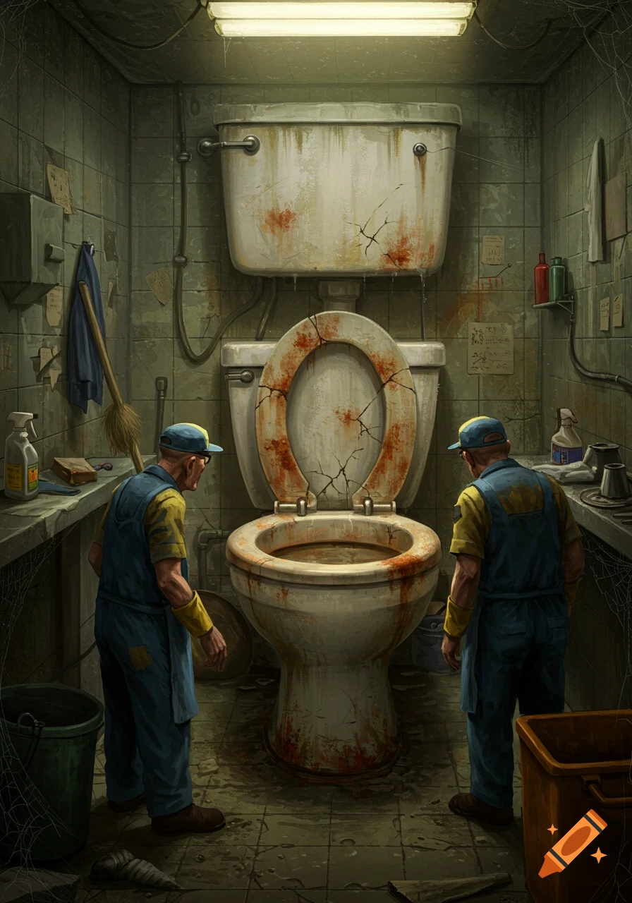 Two janitors in a dark, grimy, dilapidated public bathroom stare at a filthy, rust-stained, cracked toilet. Grunge style.
