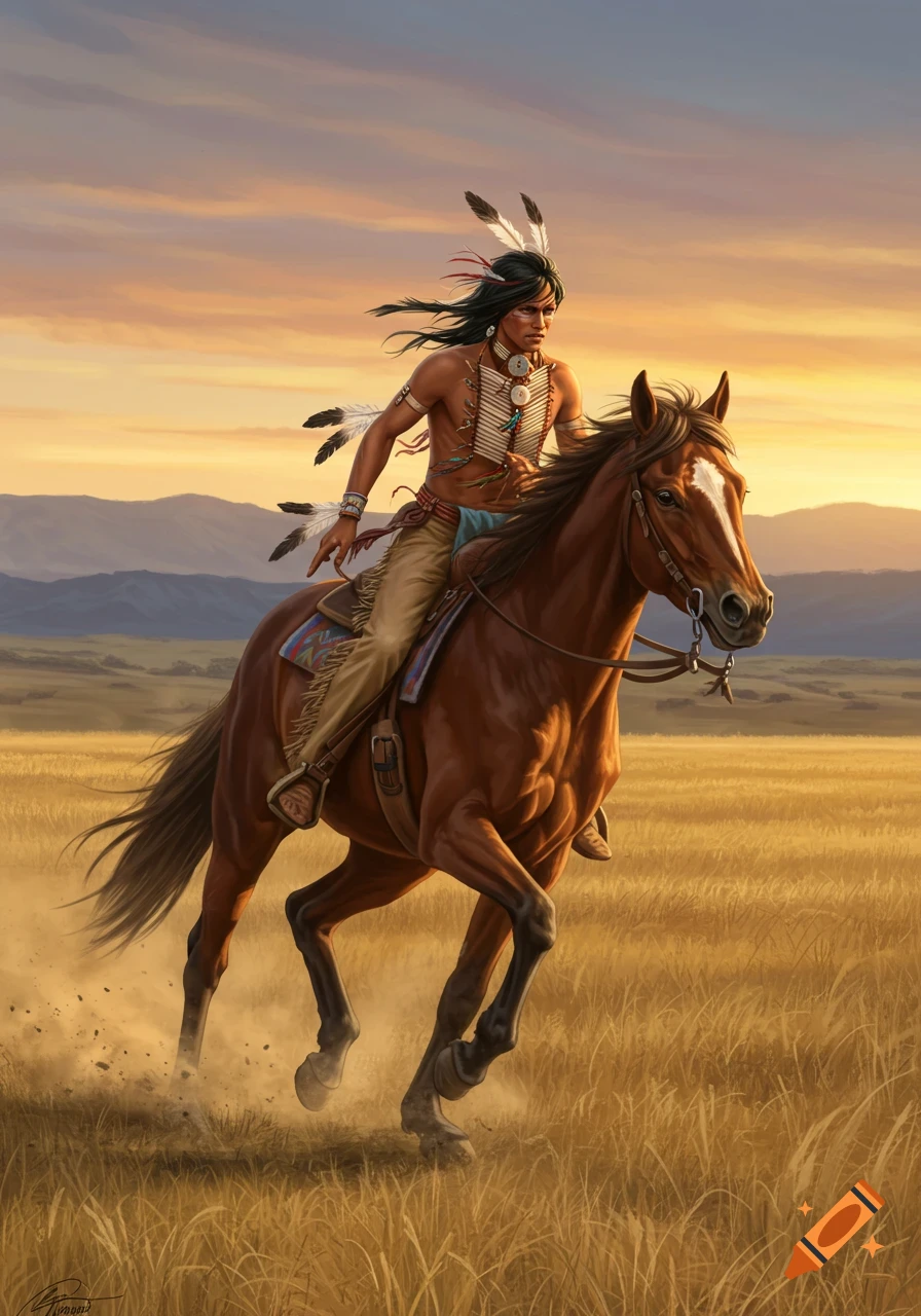A young Indigenous warrior rides a horse through a golden grassy plain at sunset, with distant mountains, in a vibrant painted style.