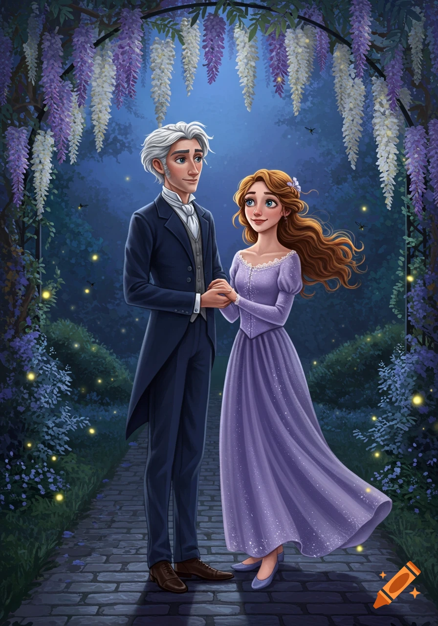 An illustrated man with white hair and a woman with long brown hair, holding hands in a magical garden under purple wisteria and fireflies at night.