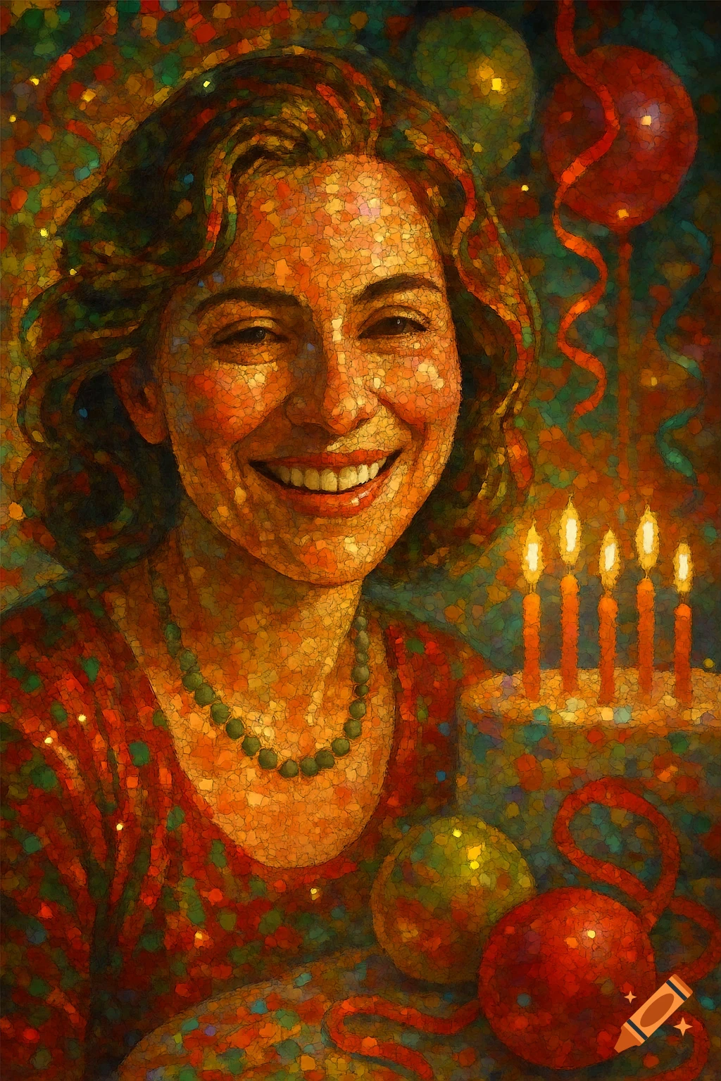Smiling woman in a vibrant mosaic art style, celebrating with a birthday cake and balloons.