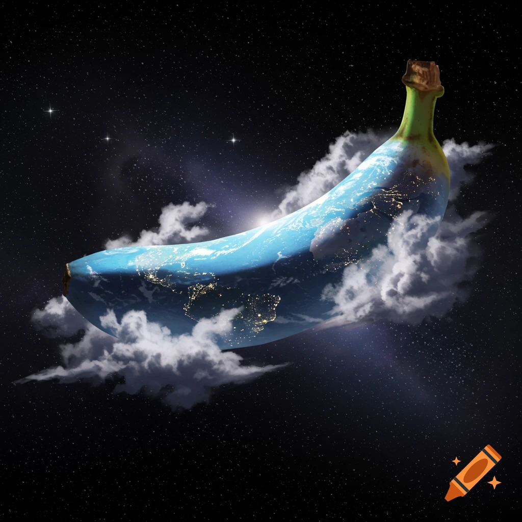 The Earth shaped like a giant banana floats in dark outer space, showing continents, city lights, and clouds, with a bright sunburst.