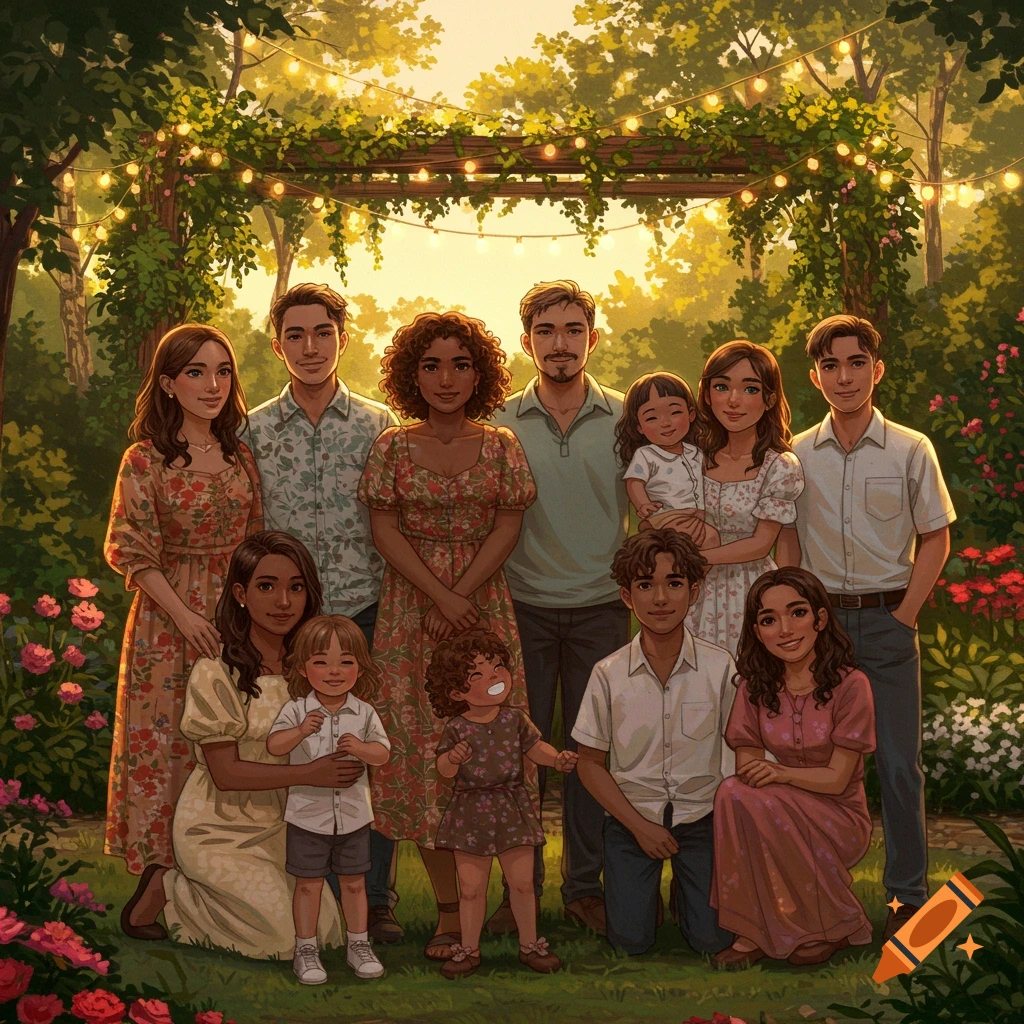 A large multi-generational family poses for a group portrait in a lush, golden-lit garden, depicted in a stylized illustration.