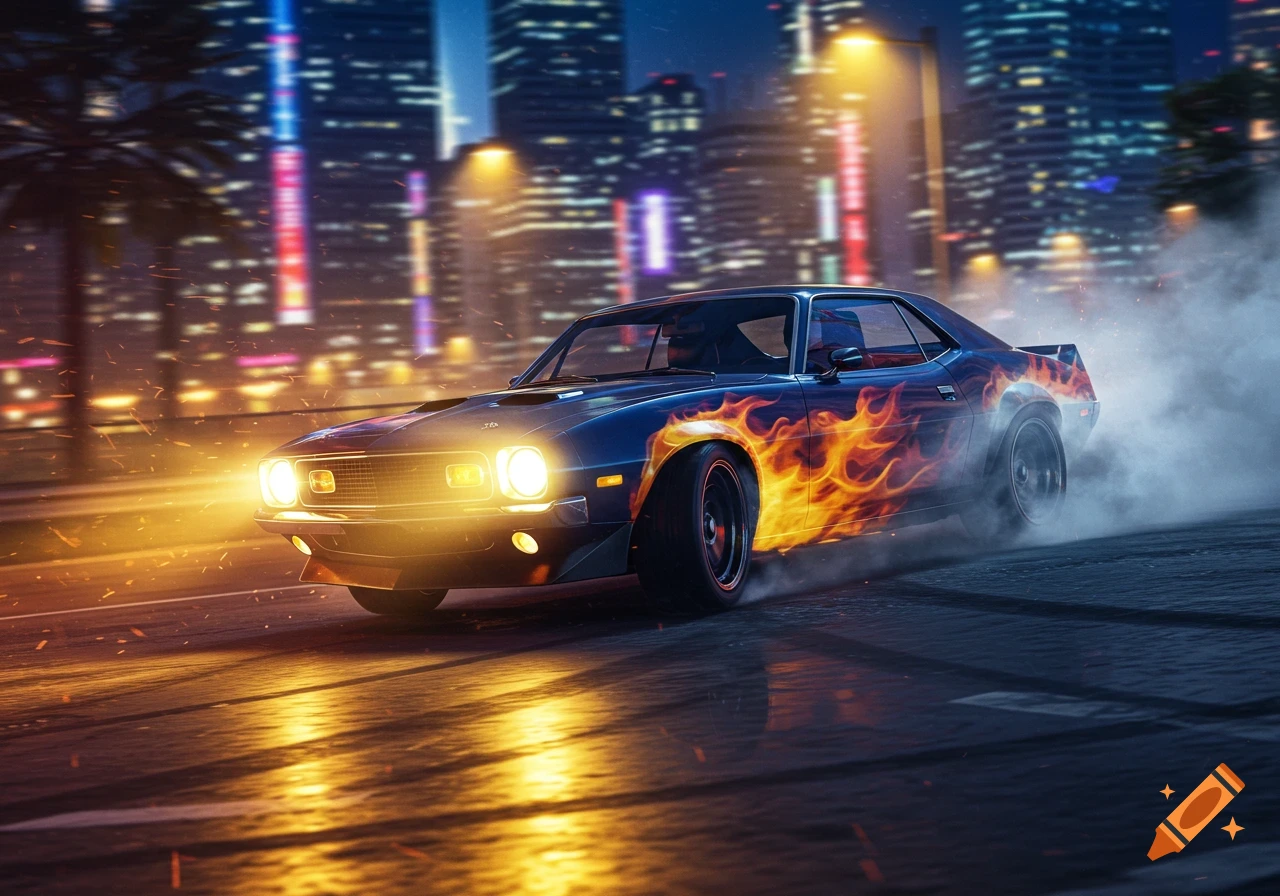 A dark blue muscle car with orange flames drifts on a wet city street at night, emitting smoke, with bright city lights in the background.