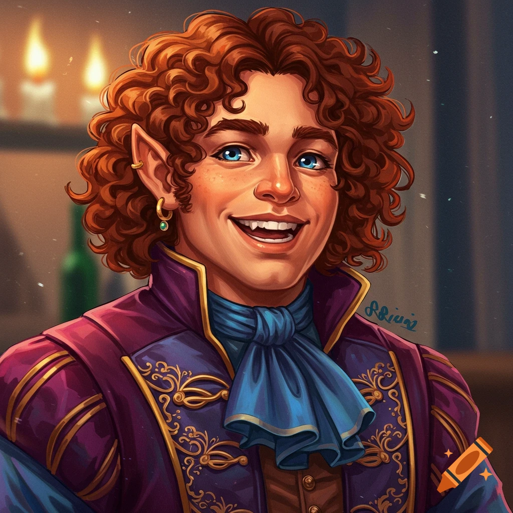 A digital painting of a smiling fantasy character with curly red hair, blue eyes, pointed ears, and fangs, in ornate purple and gold clothing.