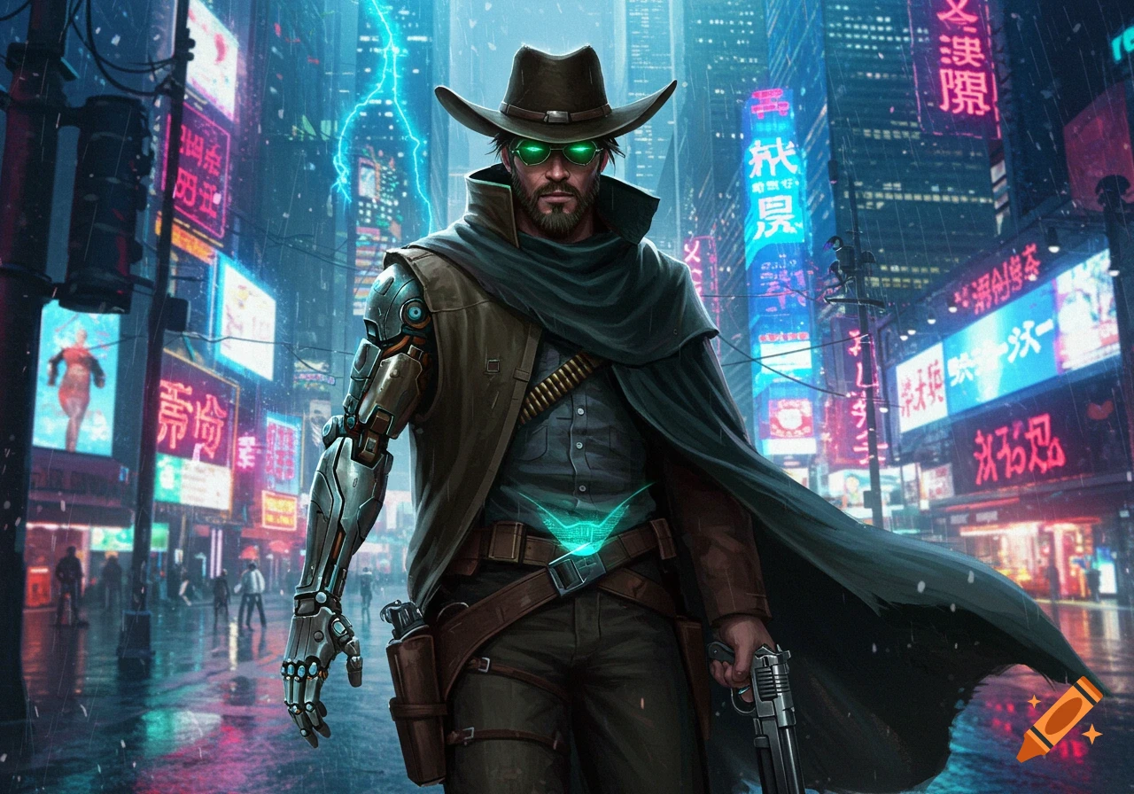 A cyberpunk cowboy with a robotic arm, glowing green eyes, and a gun stands in a neon-lit futuristic city.