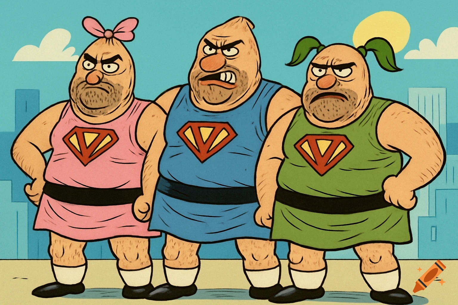 Cartoon parody of three grumpy, stubbled men in oversized pink, blue, and green superhero dresses with 'V' logos.