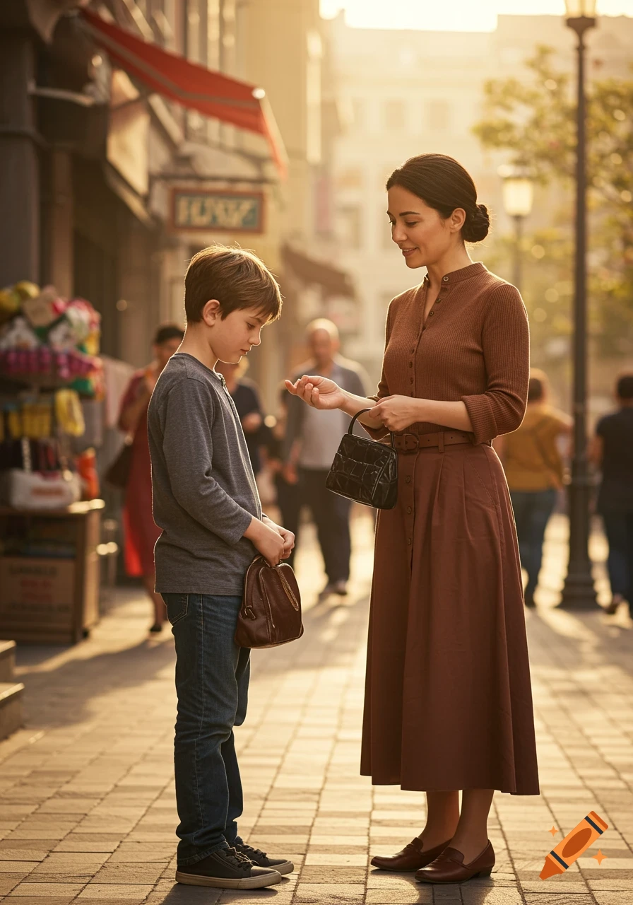 Photorealistic image of a woman in a brown dress talking to a boy on a sunny city street. Both hold small bags.