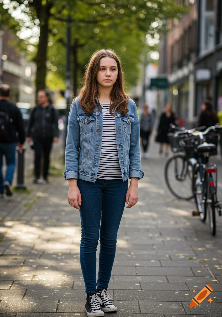 A young girl with long brown hair in a denim jacket, striped shirt, and jeans stands on a city sidewalk.