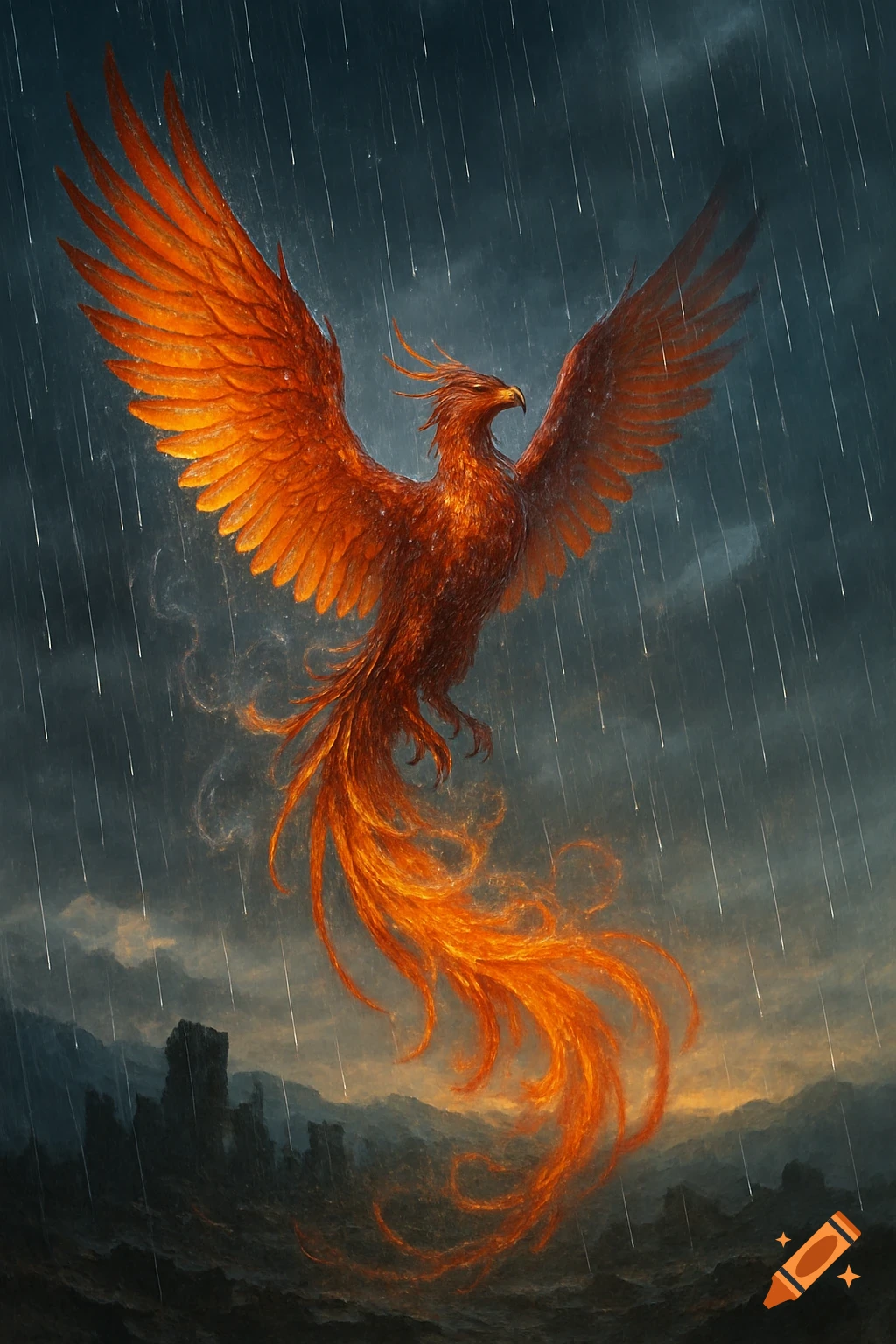 A vibrant, fiery phoenix with outstretched wings flies through a stormy rain over a dark, ruined landscape in a fantasy art style.