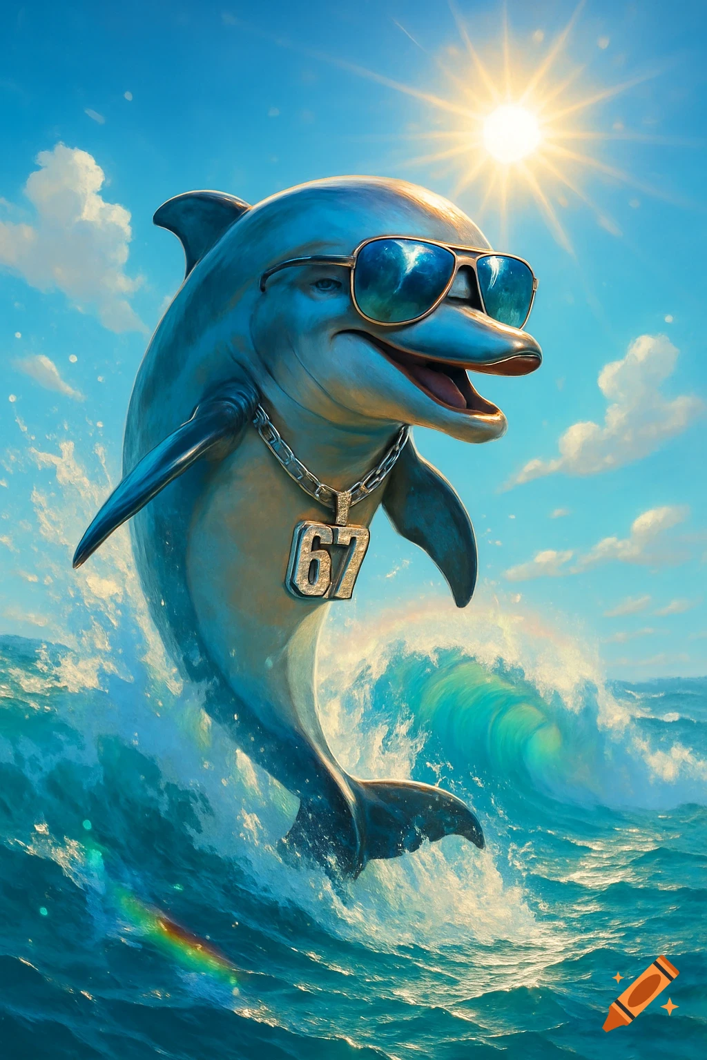 A cool, cartoonish dolphin wearing sunglasses and a chain with '67' jumps out of vibrant blue ocean water under a sunny sky.