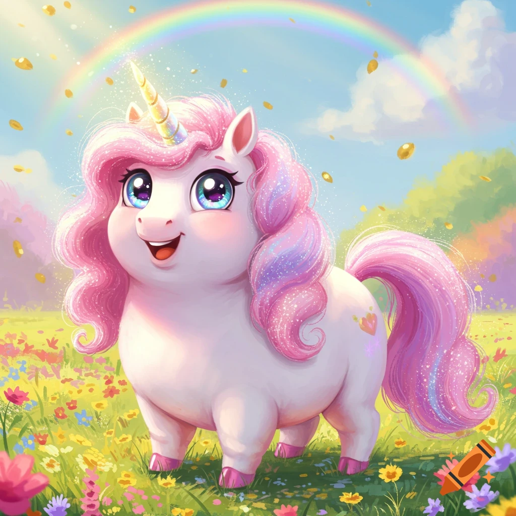 A fluffy, fat, pink cartoon unicorn with sparkling mane and tail smiles in a vibrant flower field under a rainbow.