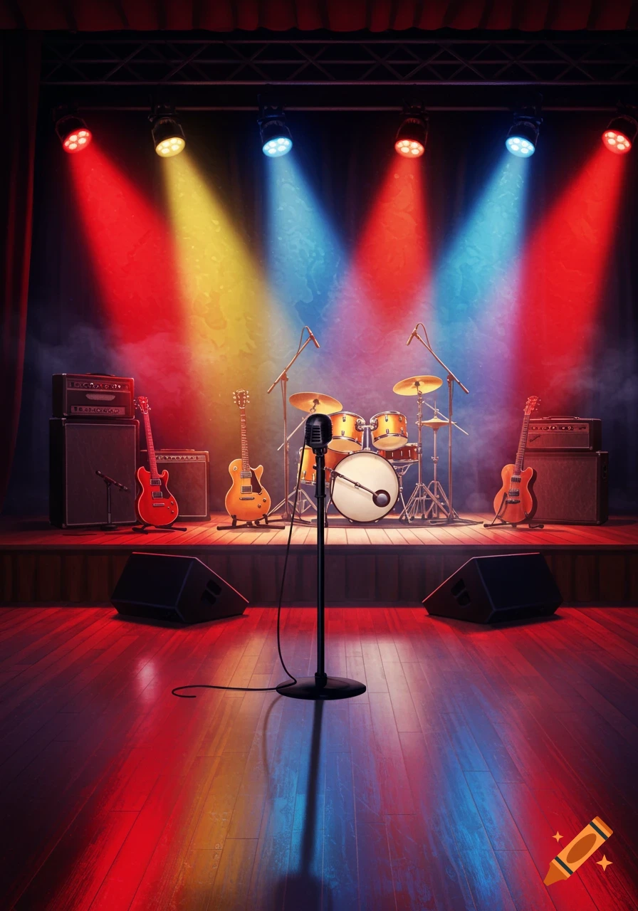 An empty rock and roll music stage brightly lit by red, yellow, and blue spotlights, featuring a drum set, two guitars on stands, and a microphone in the foreground.
