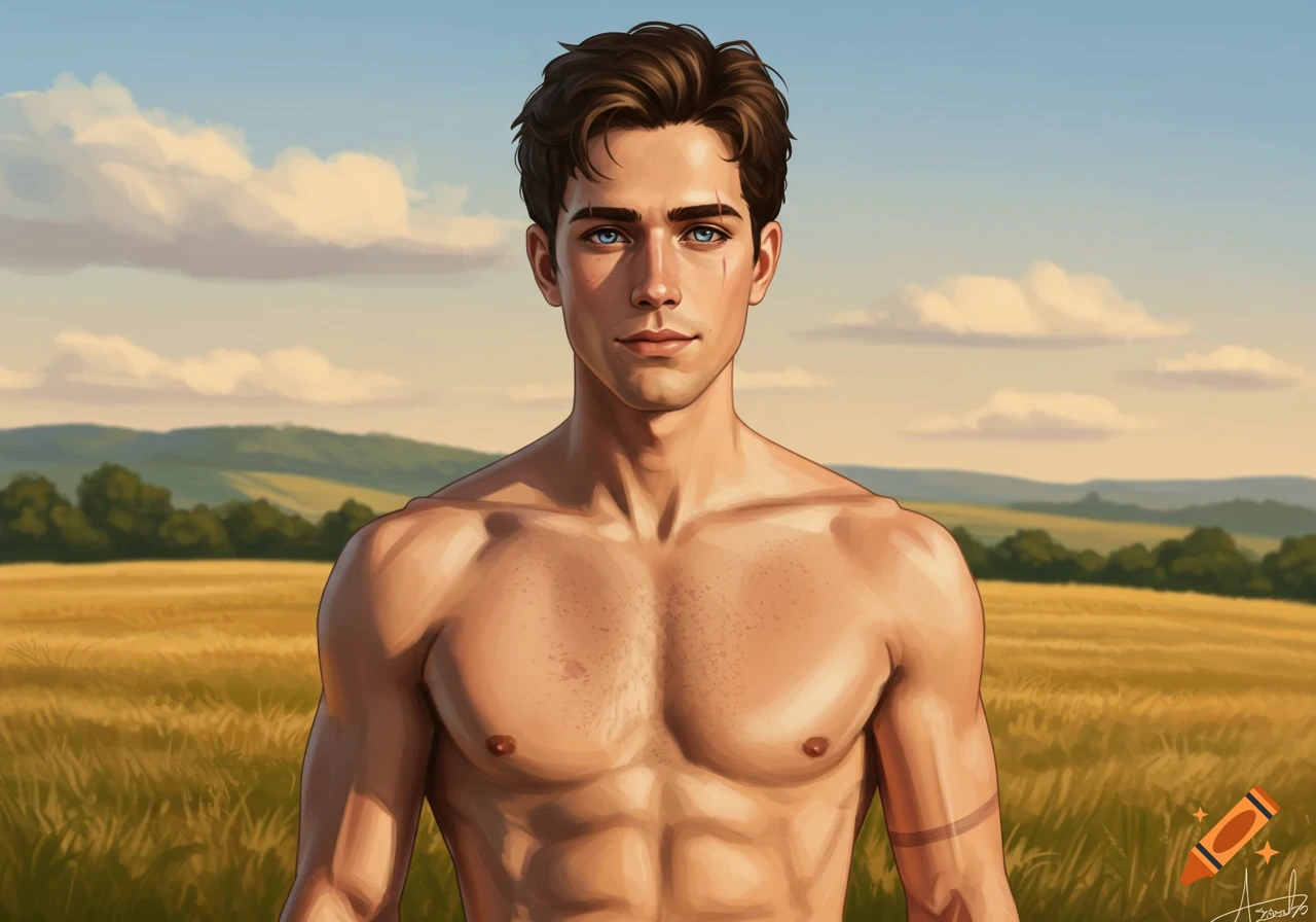Digital painting of a shirtless, muscular man with dark hair and blue eyes, standing in a golden field.
