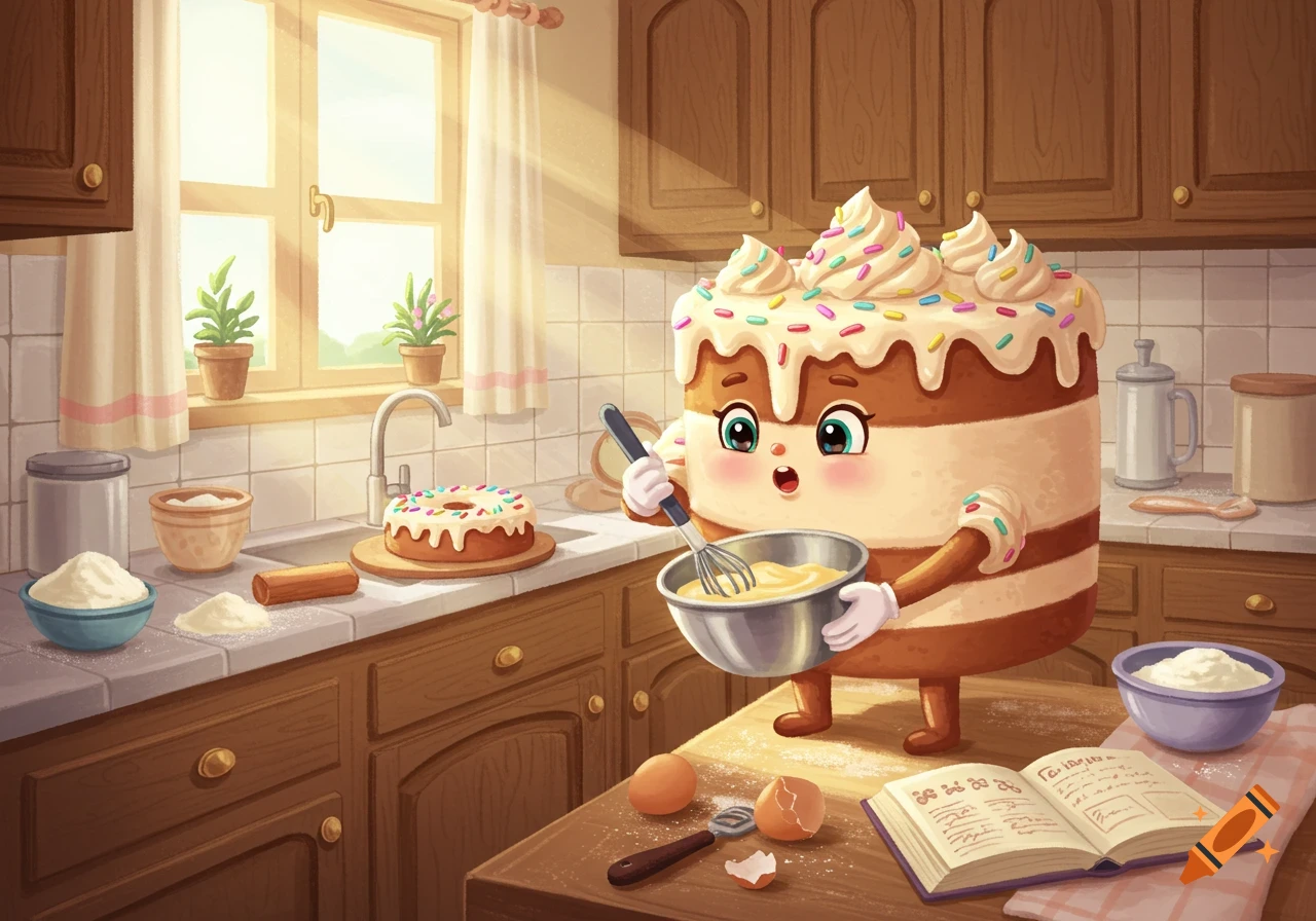 A cute cartoon cake character with frosting and sprinkles bakes in a sunny kitchen, holding a whisk and bowl next to ingredients.