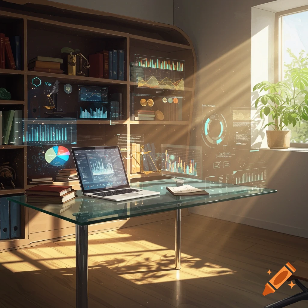 A modern, sunlit office with a glass desk, laptop displaying data, and holographic screens showing charts and graphs, beside a bookshelf and a window with a plant.