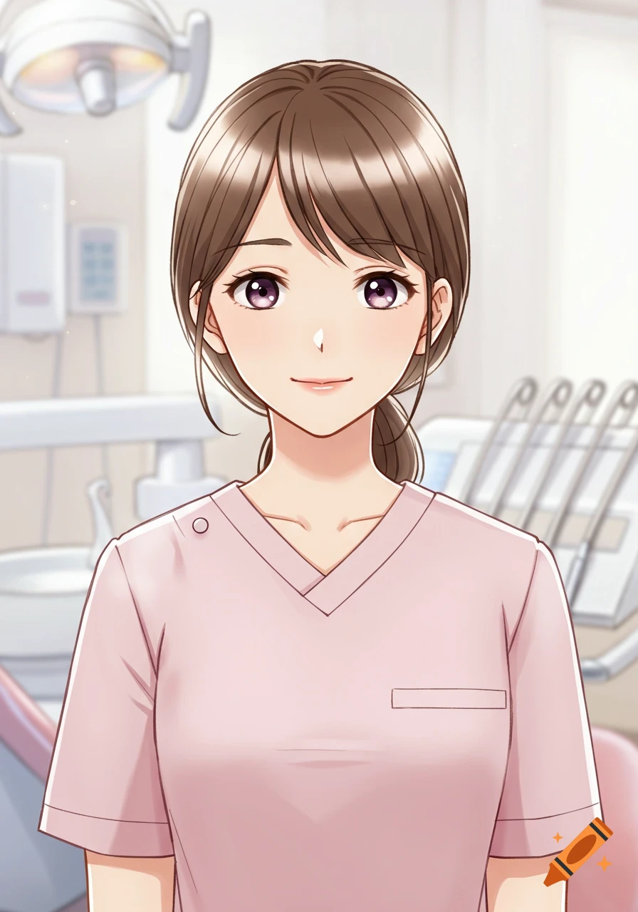 An anime-style female dentist with brown hair and purple eyes smiles in a pink scrub top, standing in a brightly lit dental office.