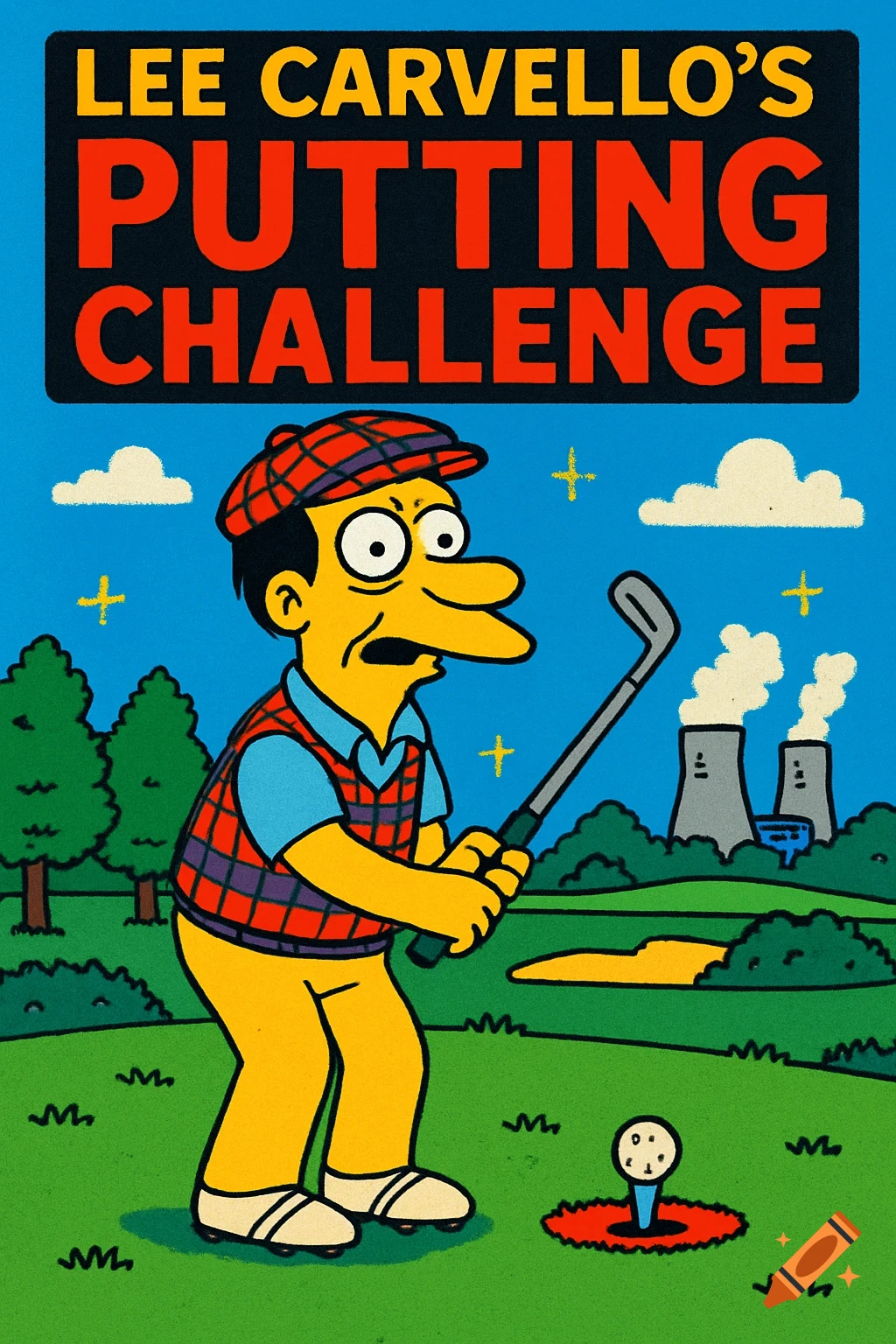 Cartoon of Lee Carvello in golf attire on a course with power plants in the background. Title 'LEE CARVELLO'S PUTTING CHALLENGE'.